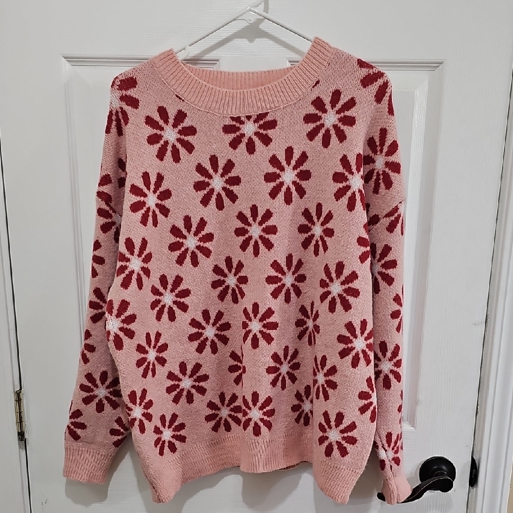 Pink and Red Floral Crew Neck Sweater